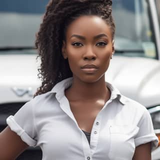 Jamaican female model in a white shirt and jeans truck driver portrait in front of a Scania truck