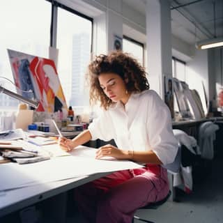 woman sitting at a desk in a daylight studio working on a fashion design wearing an oversized white shirt blue jeans and