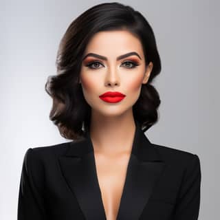 ancient woman in a short elegant black suit + large eyes delicate graceful facial features elegant full bright red lips