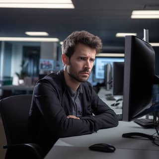 man sitting in front of the PC monitor neutral facial expression in the office