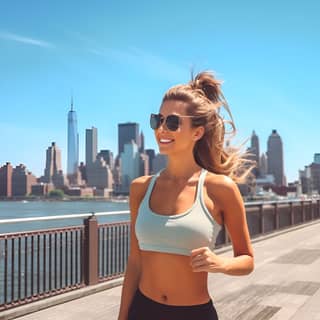 running on new york on a sunny day, in sunglasses and a sports bra top is running in front of the city