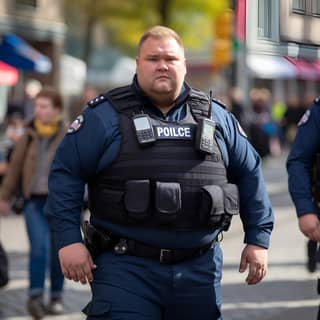 in a world where fascists has staged a coup d'état a chubby massive powerful police officer walking patrolling the city