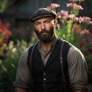 red dead redemption handsome man black beard bald wearing a black flatcap! Nice shirt flowers in the background wearing a
