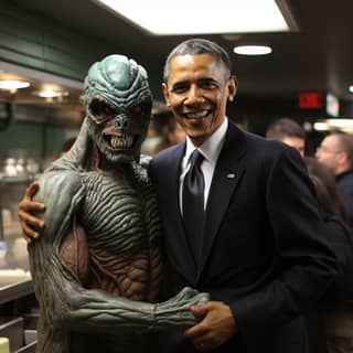 Obama hugging beautiful alien at Burger King, the man is wearing a suit