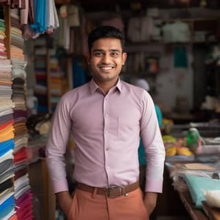Young indian shopkeeper wearing simple shirt and pant, in a pink shirt standing in front of a store