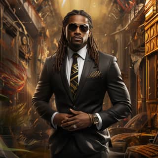 create a vibrant beautiful stylish Caribbean High Class Business man with brown soft locs wearing gold chanel gladiator The