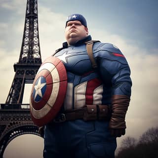 Captain America as very obese in front of effeil tower full body hyperealistic photography