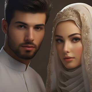 ordinary muslim couple wedding dresses front face view digital art hyper-realistic