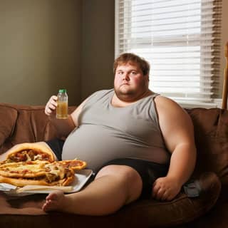 a fat american guy(23 year old) watching Television sitting on couch wearing tank top eating pizza