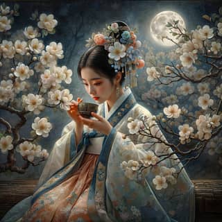 in traditional kimono sitting under a tree with a full moon