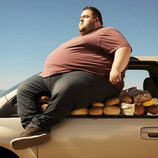 a fat man sitting on top of a car full of food