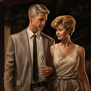 middle age couple leaving the elite restaurant woman with short hair night realistic style