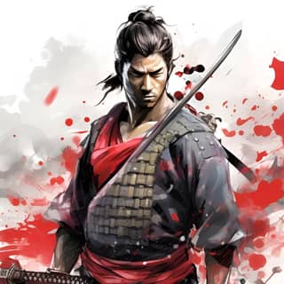 samurai water color splash art, a samurai with red paint splatters on his face