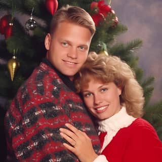 stout thick blonde man short beautiful Brunette woman Christmas tree classic 1990s photograph 2 --style raw --s 50