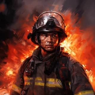 Firefighter on fire front detailed face beam devastation of fire scene Havencore iconic Korean no helmet