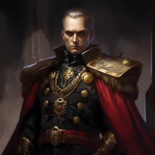 Human Male Commander facial cybernetics Commodore naval uniform black gold and red Holding a Emperium banner fantasy sci-fi