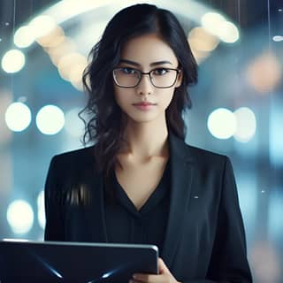 wearing professional attire and glasses holding a computer in her hand with a serious expression delicate face 2