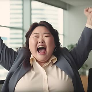 asian fat woman office worker smiles cheerfully raises his hand expression of happiness beyond normal 1