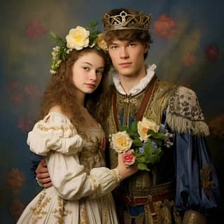 me as a prince w a princess in a medieval dress fantasy flower border