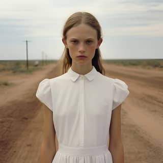 a girl standing on a dirt road in white dress in the style of surrealistic portraits new american color photography