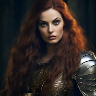 https://s mj run/GJvO-ZKFWk4 beautiful medieval warrior woman wearing steel realistic knight armor in a medieval castle 2