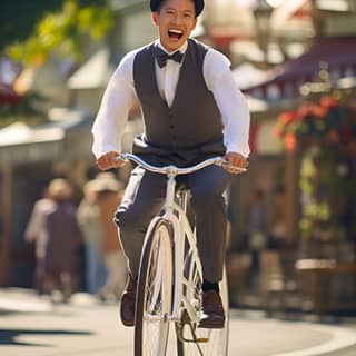 In the heart of the village square an Asian man confidently guides the vintage double-wheel bicycle across the finish line