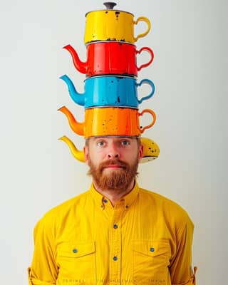 with a beard and a stack of pots on his head