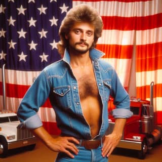 a shirtless man in jeans standing in front of a truck