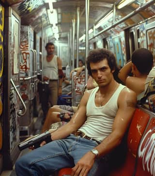 sitting on a subway train with a gun