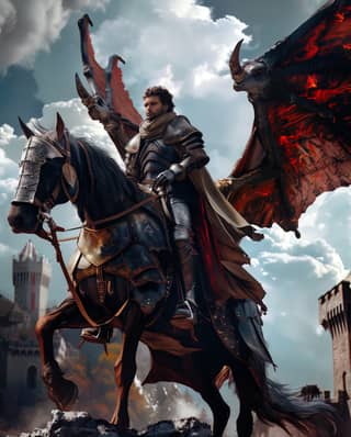 a knight on a horse with wings flying over a castle