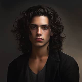 Jasper Roland 17-year-old medium-length thick wavy dark hair, a portrait of with long curly hair