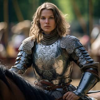 woman 40 years old a medieval knight on a horse armor of the 13th century at a knightly tournament there is a competition of