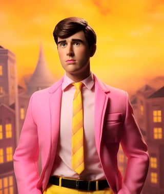 a pink suit and yellow tie on