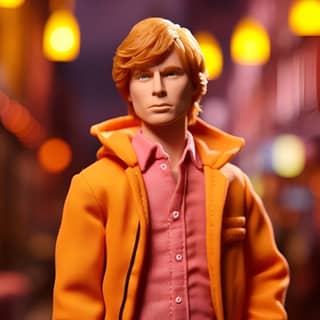 a toy doll wearing an orange jacket and a pink shirt