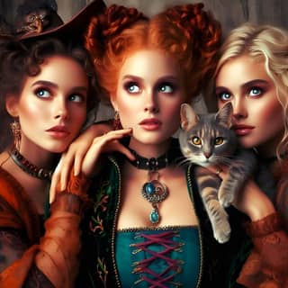 three beautiful women in costumes with cats