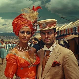 a couple in a vintage style dress and hat pose for a photo