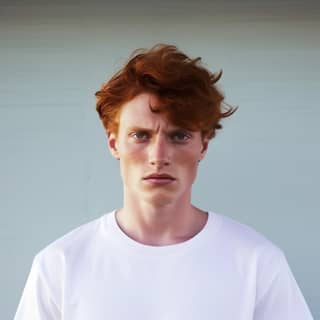of a 28-year-old tough-looking scrappy male with red hair wearing a white t-shirt Clemens Ascher