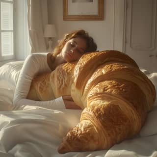 sleeping on a bed with a large croissant