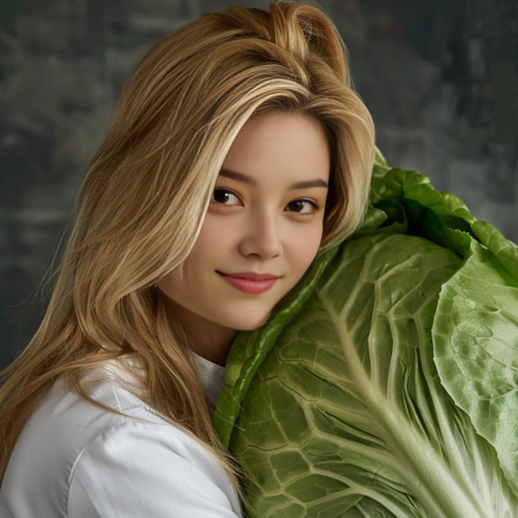 holding a large cabbage in her arms