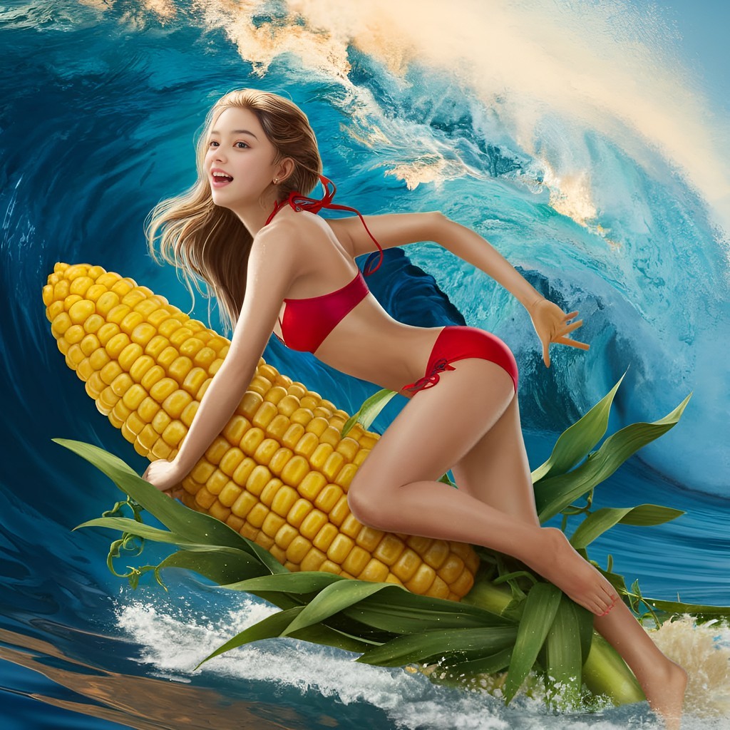 in a bikini riding a corn on a wave