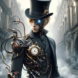 steampunk man in top hat and suit with clock