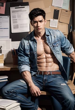 a shirtless man in jeans sitting on a chair