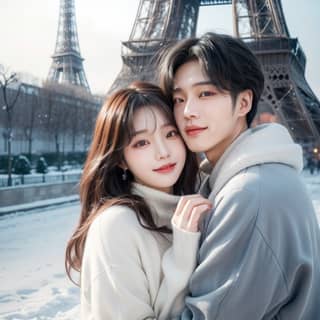 a couple in front of the eiffel tower in winter