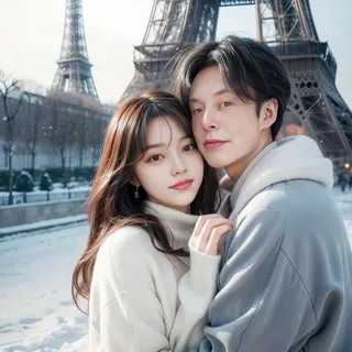 a couple in front of the eiffel tower in winter