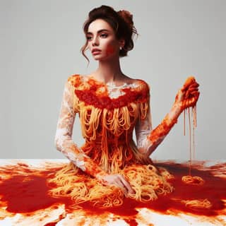 in spaghetti dress with spaghetti on her head