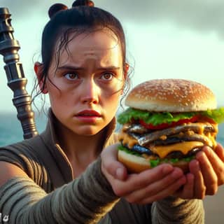 rey is holding a burger in star wars the force awakens