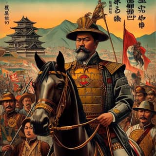 a poster for the japanese emperor, with on a horse