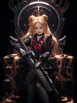 a girl with long blonde hair sitting on a throne with a gun