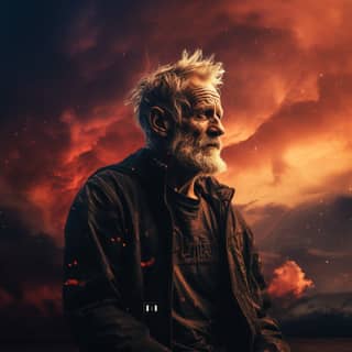 an old man with a beard sitting in front of a sunset