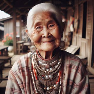 an elderly woman with a necklace and earrings